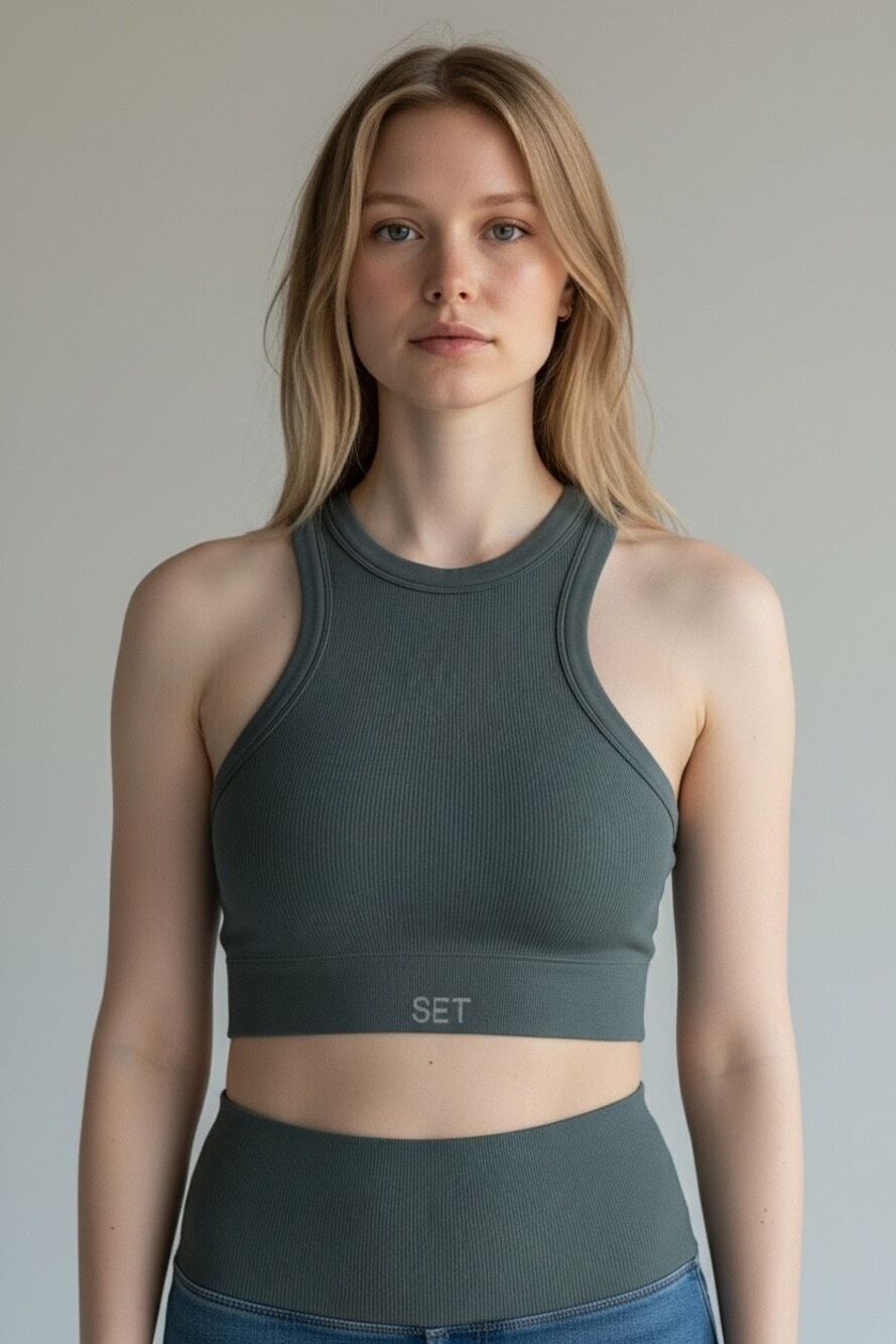 Set Active Racerback Ribbed Cropped Green Sz Medium Sports Bra